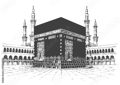 Holy Kaaba in Mecca Saudi Arabia, Hand Drawn Sketch Vector illustration.