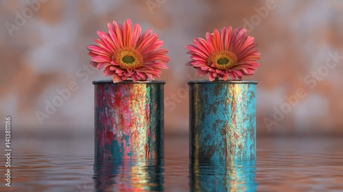 Two colorful cans with vibrant pink flowers, reflecting in water.