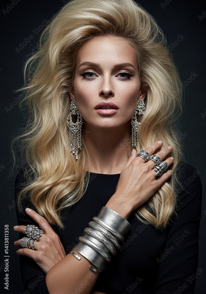 Obraz premium Retrato de mulher loira glamourosa com joias grandes de prata em estilo editorial, usando blusa preta com fundo escuro e expressão confiante