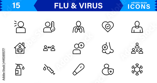Flu and Virus Icons for Health and Wellness Projects. Featuring Key Medical Symbols for Preventative Measures and Virus Awareness.