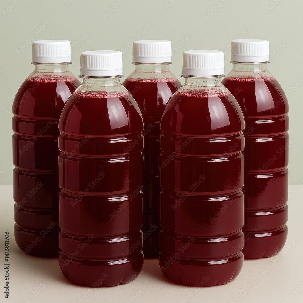 Five Bottles of Red Juice on White Background