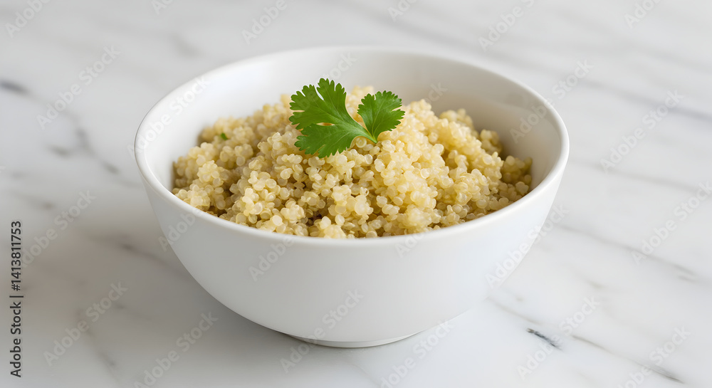 Quinoa Bowl Garnished With Cilantro On Marble Background Isolated Quinoa Bowl Garnished With Cilantro On Marble Background Isolated