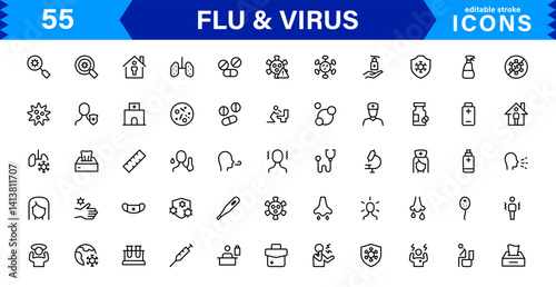Flu and Virus Icons for Health and Wellness Projects. Featuring Key Medical Symbols for Preventative Measures and Virus Awareness.