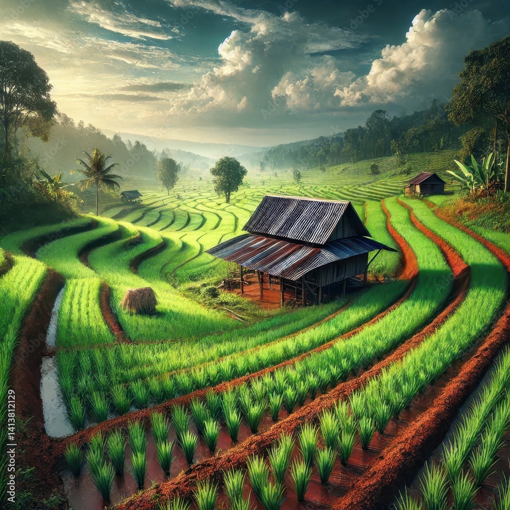 Lush Green Rice Terraces at Sunrise, Misty Mountains Background