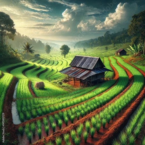Obraz na płótnie Lush Green Rice Terraces at Sunrise, Misty Mountains Background w salonie