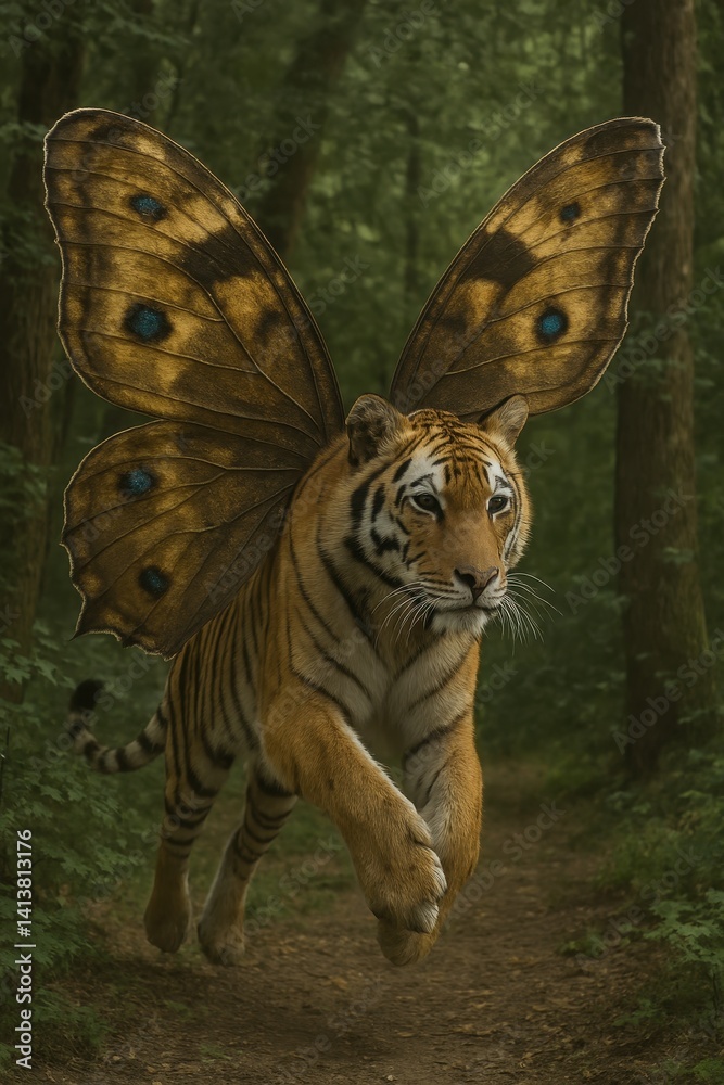 Majestic Tiger with Golden Butterfly Wings in a Dark Forest
