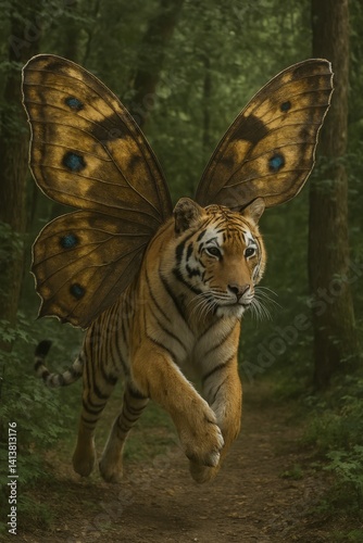 Obraz na płótnie Majestic Tiger with Golden Butterfly Wings in a Dark Forest w salonie
