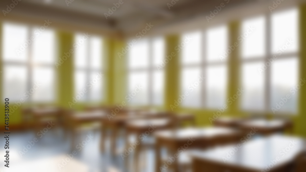 Obraz premium Beautiful blurred background of bright classroom and study room with panoramic windows and beautiful lighting. Blurred Empty school background.