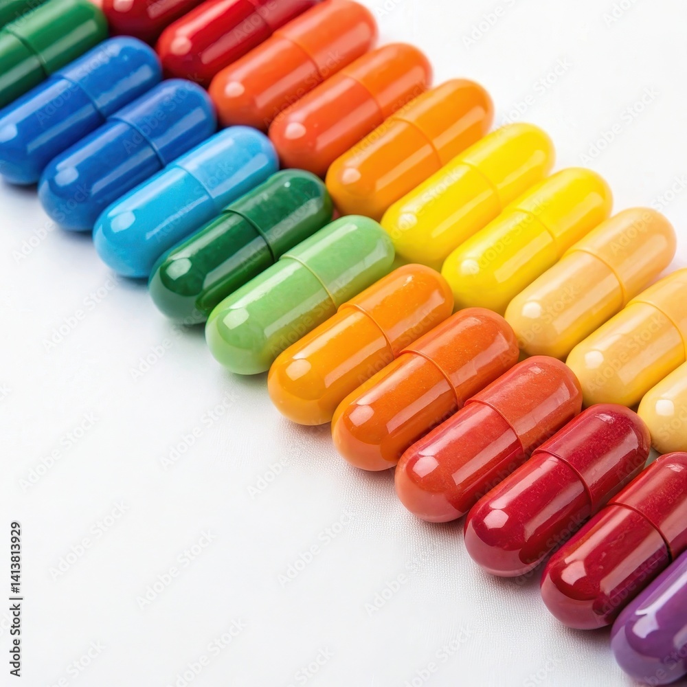 Colorful capsules arranged in a vibrant row on a reflective surface. Colorful capsules arranged in a vibrant row on a reflective surface.
