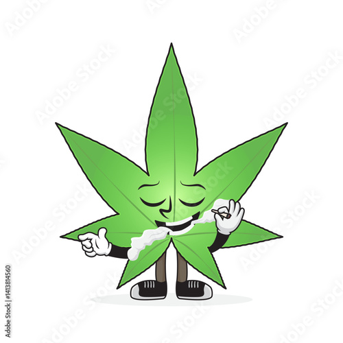 Cute weed character with puff of smoke. Vector illustration of marijuana leaf. Cannabis mascot to celebrate 420 day