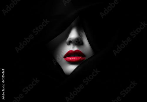 A woman with red lipstick in the dark, highlighted by a single beam of light, exudes mystery and allure.