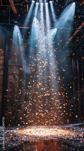 Stage confetti falling under spotlights, industrial background photo