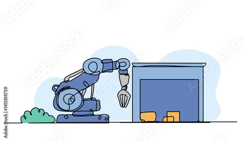 Vector illustration of a robotic arm in warehouse. Modern flat in continuous line style.