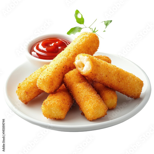 Mozzarella cheese sticks served with ketchup on a white plate for a tasty snack or appetizer, Mozzarella cheese sticks with ketchup isolated on Transparent background