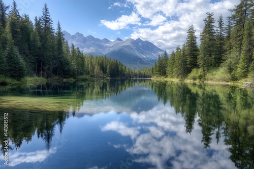 Peaceful Mirror Effect of Lake with Pine Trees and Mountain Views