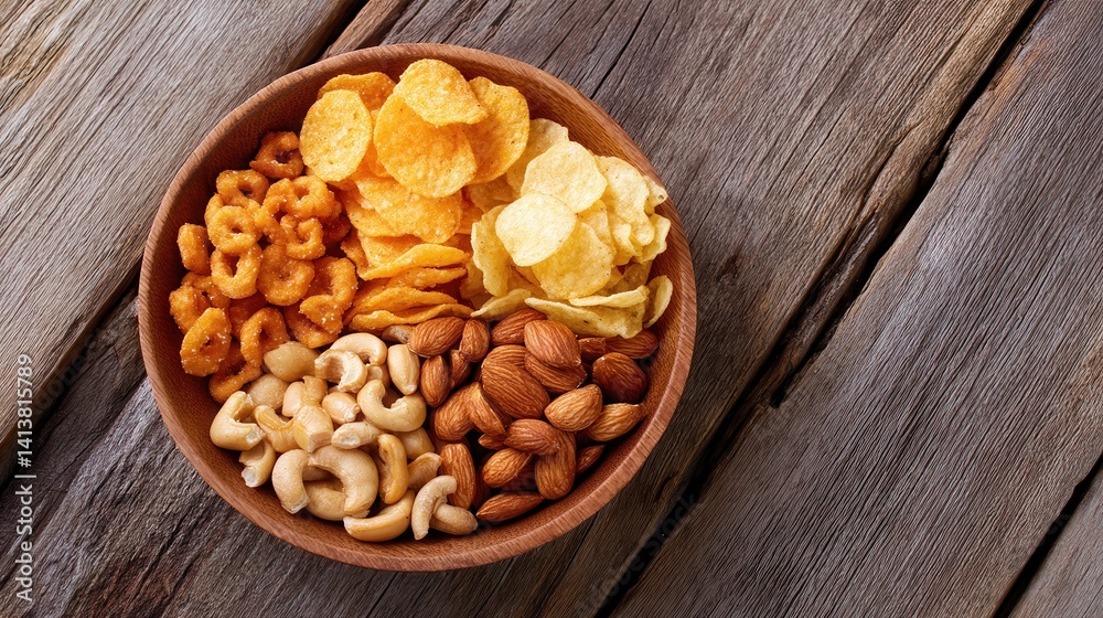 A wooden bowl filled with assorted snacks including chips, nuts, and cereals on a rustic table A wooden bowl filled with assorted snacks including chips, nuts, and cereals on a rustic table
