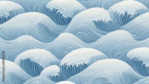 Seamless pattern of traditional Japanese wave motifs in light blue on a white background