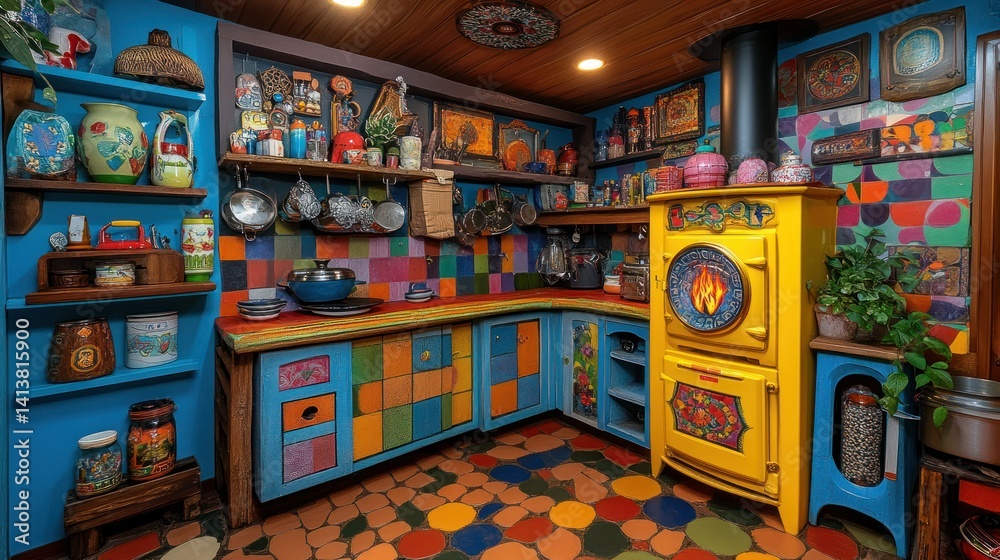 Naklejka premium Vibrant, eclectic kitchen with colorful patchwork design
