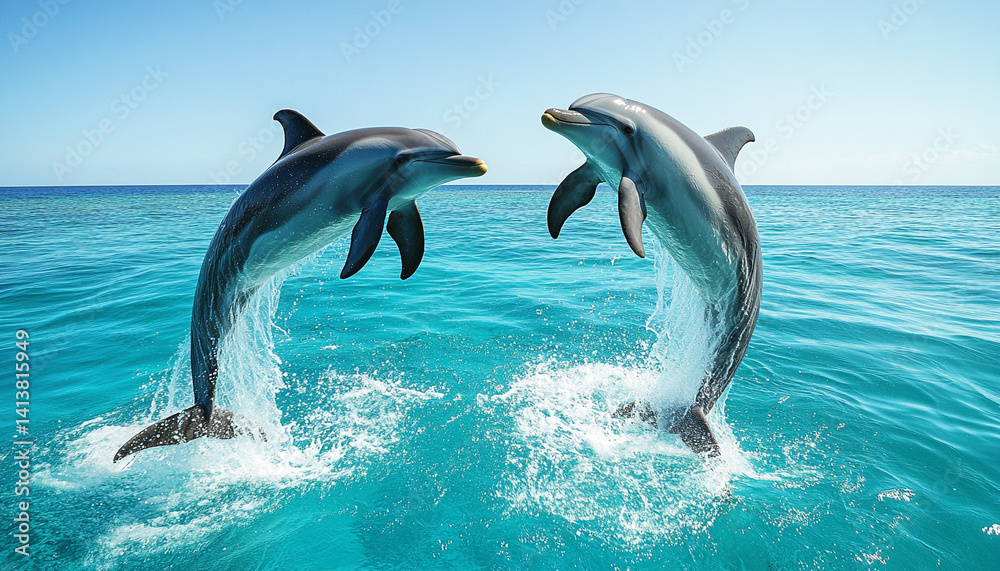 Fototapeta premium Two dolphins jumping together in the ocean