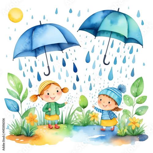 Kids in kindergarten play with their favorite rain playing garden, children drawings. watercolor banner. Funny cartoon characters. Vector illustration. Isolated on white background