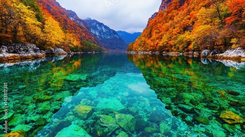 Autumn serenity colorful leaves mirrored in a teal river