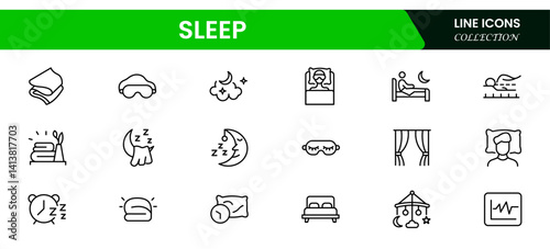 Sleep line icon set. Sleeping person, sleep, night rest, bed, pillow, sleeping pills, earplugs, moon, lullaby, bedtime story and more. Vector pictogram collection.