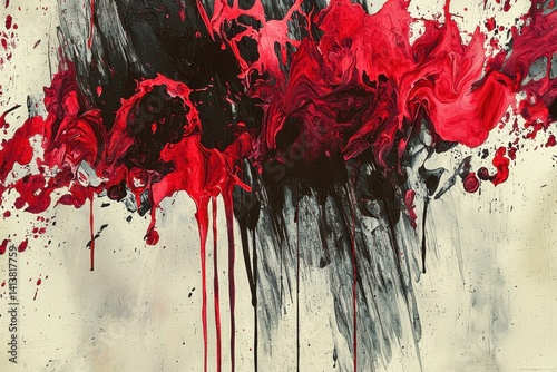 Bold Abstract Painting with Red and Black Swirls on Canvas Surface