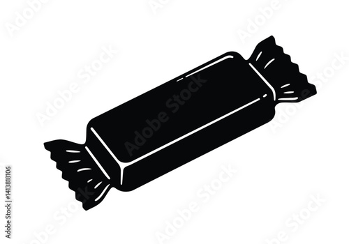 Candy bar silhouette. This image shows a black silhouette of a candy bar in its wrapper, symbolizing a sweet and packaged treat. Vector clipart black illustration design.