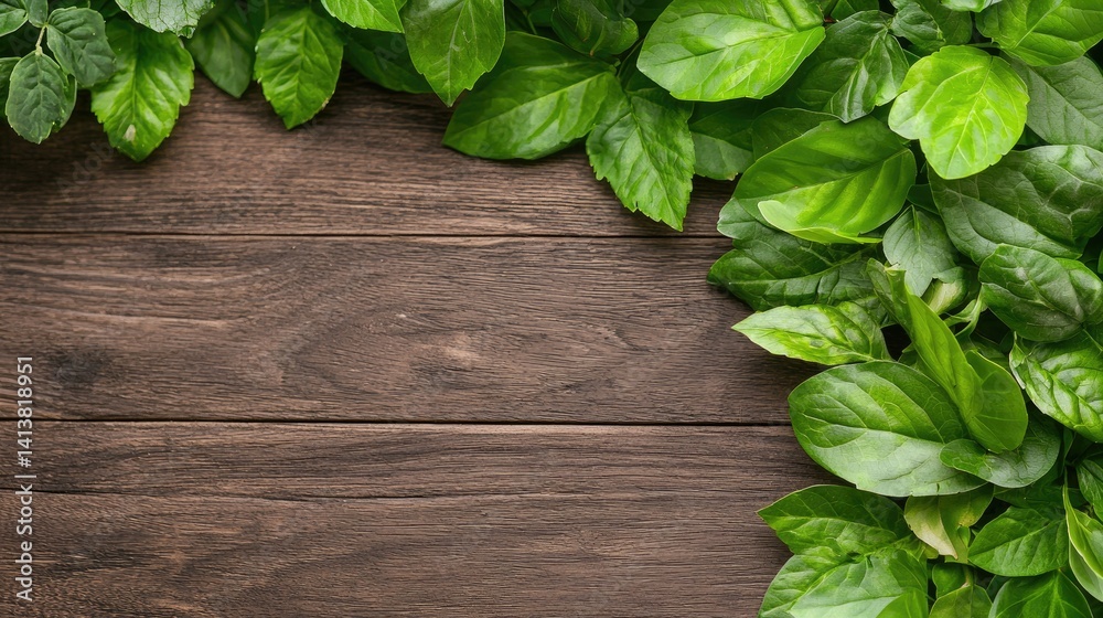 Fototapeta premium Lush green leaves frame dark wood background nature photography