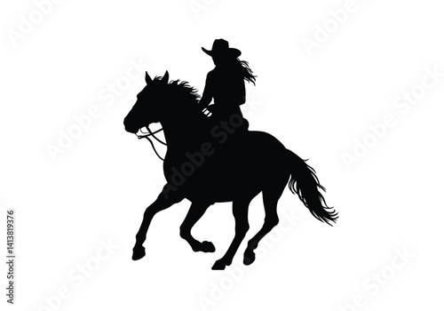 Cowgirl horse silhouette. Female equestrian riding a galloping horse, symbolizing adventure, countryside tradition, and rugged freedom. Vector clipart black illustration design.