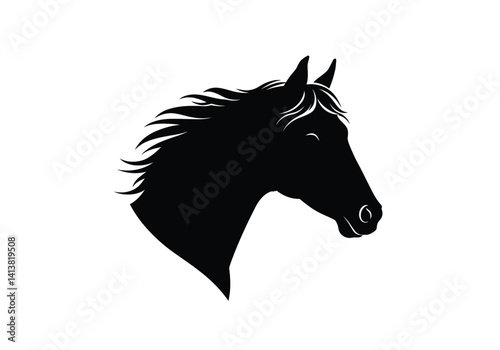Horse face silhouette. This image depicts a black silhouette of a horse head profile with detailed features, symbolizing majestic beauty and elegance. Vector clipart black illustration design.