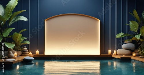 Luxury spa sign with glowing blank panel deep navy and warm beige symbolizing wellness branding and promotions