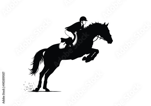 Horse jump silhouette. This image depicts a black silhouette of a horse and rider in mid-jump, symbolizing equestrian agility and athletic elegance. Vector clipart black illustration design.