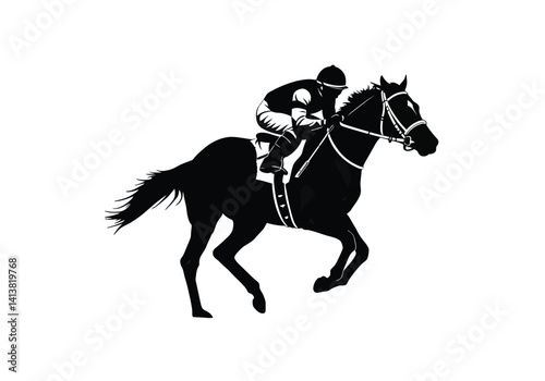 Race horse and jockey silhouette. This image shows a jockey riding a galloping horse, emphasizing the dynamic motion and competitive nature of horse racing. Vector clipart black illustration design.