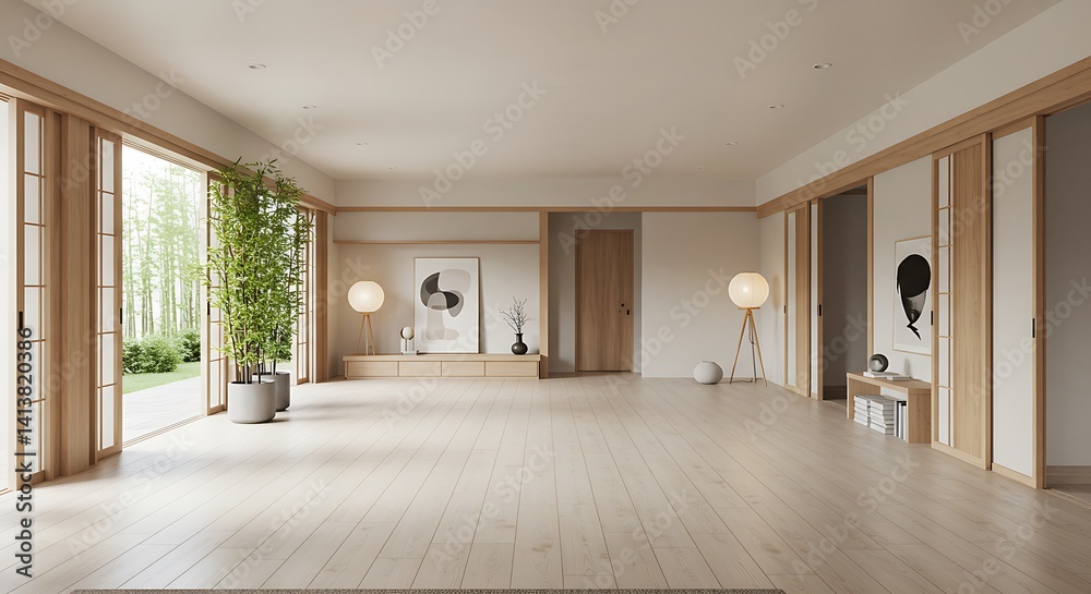 Fototapeta premium Japan style Big living area in luxury room japandi style decoration.3D rendering