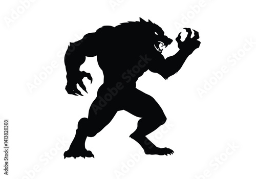 Silhouette of a werewolf. Muscular lycanthrope showcasing sharp claws, fierce teeth, and aggressive stance symbolizing horror and primal strength. Vector clipart black illustration design.