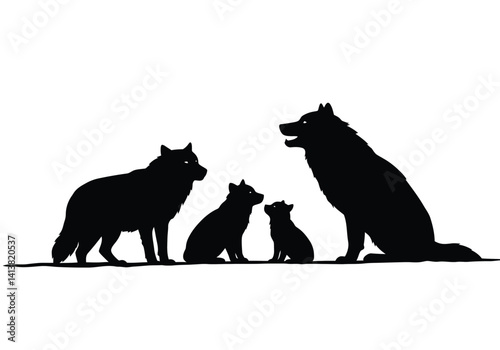 Wolf family silhouette. A united pack with adults and cubs showcasing wilderness strength, parental bond, and natural harmony. Vector clipart black illustration design.