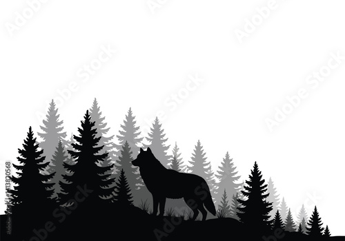 Wolf forest silhouette. Lupine predator standing in timberland with pine trees symbolizing wilderness, nocturnal beauty, and peaceful nature. Vector clipart black illustration design.