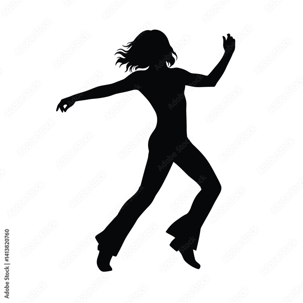 Disco dancer silhouette. Retro dance pose highlighting rhythmic motion and vibrant energy of a disco era performance. Vector clipart black illustration design. Disco dancer silhouette. Retro dance pose highlighting rhythmic motion and vibrant energy of a disco era performance. Vector clipart black illustration design.