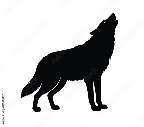 Howling wolf silhouette. Majestic wild animal showcasing primal strength and fierce expression with nocturnal artistry, symbolizing wilderness, alpha traits. Vector clipart black illustration design.