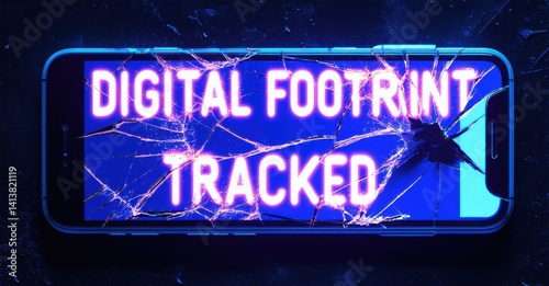 Neon digital footprint tracked sign buzzing weakly on cracked smartphone screen deep navy and bright silver symbolizing online surveillance