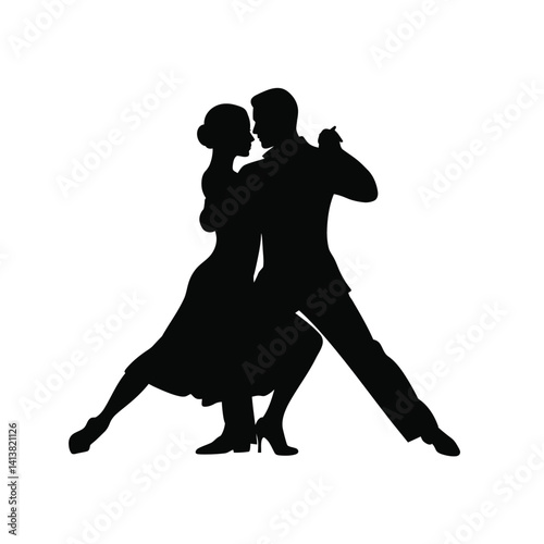 Tango dance silhouette. Ballroom couple showcasing rhythmic passion, graceful pose, and elegant artistry. Vector clipart black illustration design.