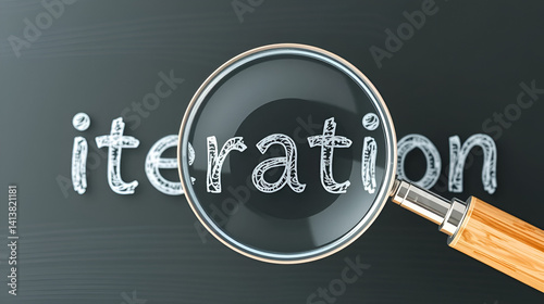 Iteration - learn, study and inspect it. Taking a closer look at iteration. A magnifying glass enlarging word 'iteration' written on a blackboard ,3d illustration