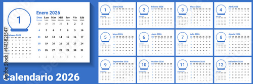 Vector of 2026 Spanish calendar. template of 2026 desk calendar with A4 size and landscape design. week start on Sunday. Sunday as weekend. blue and white as main color. compatible with A5 size.