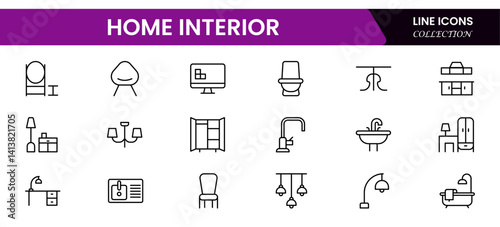 Home interior line icons collection. Dishes, devices, decoration icons. UI icon set. Thin outline icons pack.
