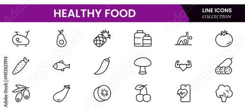 Nutrition set of web icons in line style. Healthy food linear icon collection. Containing food, vegetables, water, palm oil free, сaunt calories, zero trans fat, probiotics and more.
