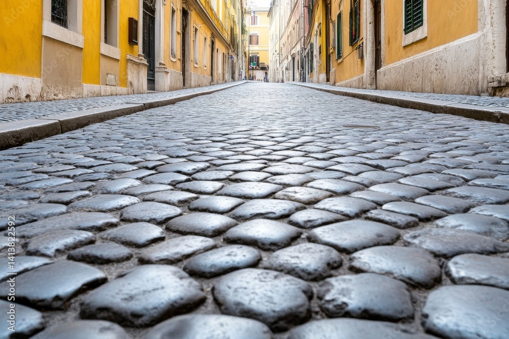 A cobbled street in Rome, lined with historic buildings and a cozy café in the distance