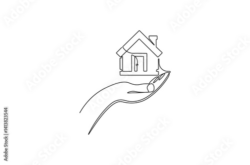Continuous one line drawing of Hand with house. Single line drawing illustration of house with hand. Dream house concept vector art. Doodle line illustration.