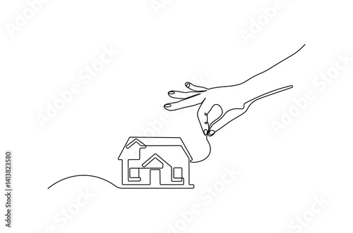 Continuous one line drawing of Hand with house. Single line drawing illustration of house with hand. Dream house concept vector art. Doodle line illustration.