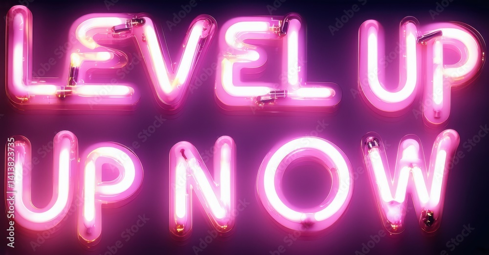 Bright pink neon sign displays Level Up Now. Bold lettering creates vibrant, modern aesthetic. Simple message inspires action. Bright pink neon sign displays Level Up Now. Bold lettering creates vibrant, modern aesthetic. Simple message inspires action.